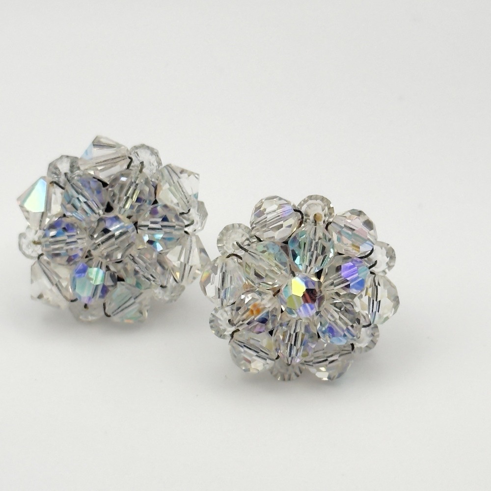 Vintage Crystal Beaded Cluster Clip On Earrings AB Glass Dome 1950s 1960s